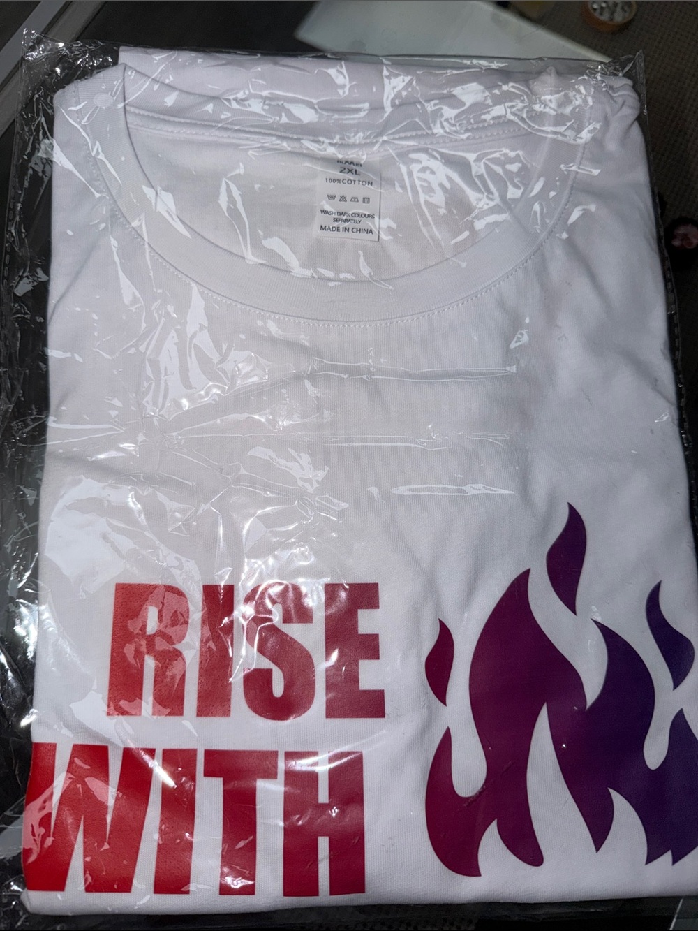White Men’s Graphic Tee - "Rise With Raz" Red & Purple Flame Design